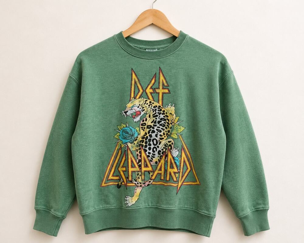 Def Leppard Sweatshirt Men’s Olive Green Cotton Blend Graphic Rock Band